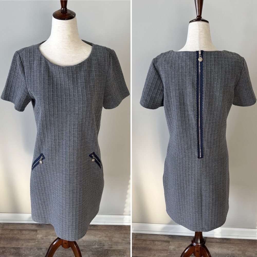 Yumi Shift Gray Short Sleeve Dress with Lace Details